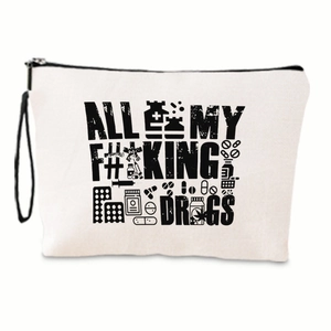 White canvas pouch with black zipper and bold drug theme print for small items