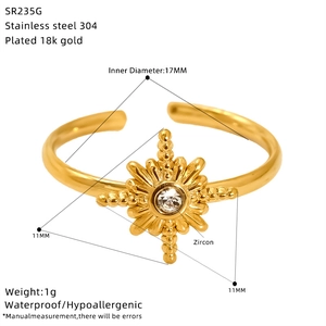 Detailed view of 18K gold plated stainless steel sunburst ring with zircon inlay