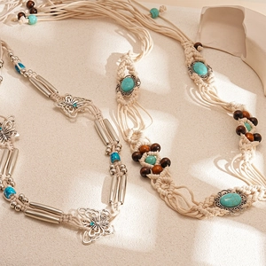 Bohemian waist chain with turquoise beads, wooden accents and silver butterfly charms