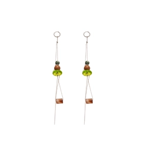 Bohemian silver hoop earrings with long bead tassels featuring green resin and agate stones