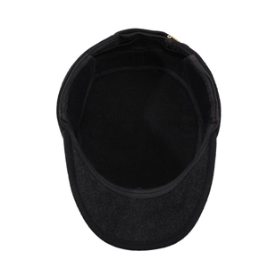 Winter thermal flat top cadet hat with ear protection in black thick wool fabric
