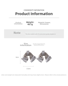 Detailed size specifications of silver bow tassel earrings with sparkling rhinestones