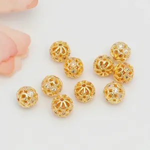 Hollow flower metal beads with micro-set zircon for DIY gold jewelry making