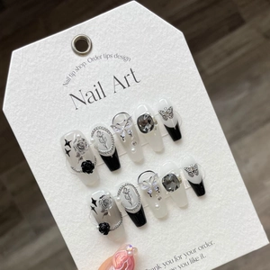 Handmade Press On Nails Long Coffin 3D Black Rose Silver Chain Rhinestone Butterfly Gothic Dark Style Cool Girls Decorative Fingernails