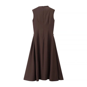 Deep brown sleeveless A-line dress with metal buckle details and slim fit back view