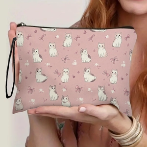 Trousse De Toilette Imprimé Chat Mignon Sac À Maquillage Portable En Lin Avec Fermeture Éclair Et Dragonne Pour Femmes Filles