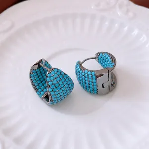 Asymmetric zircon drop earrings with teal turquoise-beaded gunmetal finish for women