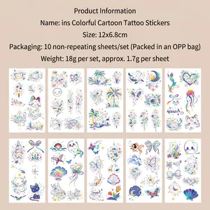 Detail view of 10 colorful cartoon tattoo stickers with various cute ins style designs