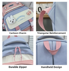 Detail view of backpack showing plush rabbit charm, reinforced straps, and sturdy zippers