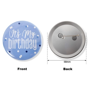 Sky blue 58mm Happy Birthday tinplate badge with front and back view details