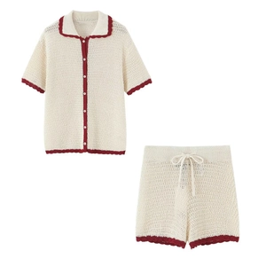 Women Knit Crochet Hollow Out Short Sleeve Button Cardigan Top And Drawstring Shorts Retro Casual Streetwear Outfit