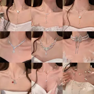 Elegant Imitation Artificial Pearl Butterfly Pendant Necklace With Zircon Accents French Luxury Style Copper Chain And Earrings For Women