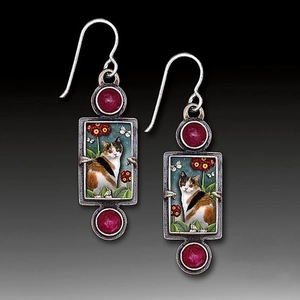 Boucles D'oreilles Pendantes En Alliage Vintage Avec Motifs Artistiques De Chat Fleur Oiseau Et Pierres Synthétiques