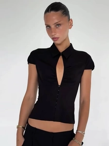 Slim fit black short sleeve polo shirt featuring a V-cut cutout and button details