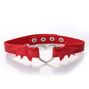 Gothic red leather choker with bat wings and heart metal ring for Halloween cosplay
