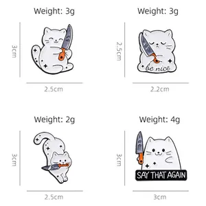 Funny white cat pins holding knives set with weight and size details for backpacks