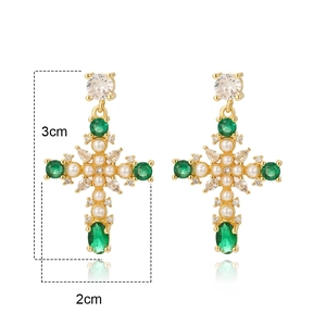 Gold cross earrings with green zircon and pearls, measuring 3cm by 2cm, luxury design
