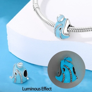Luminous blue ghost charm on silver snake chain with zircon and glowing effect