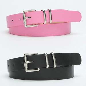 Women's minimalist black and pink belts with silver square buckles on a white background