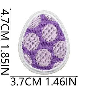 Detail showing dimensions of purple polka dot Easter egg embroidered patch for clothing