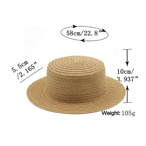 Flat top straw boater hat with detailed dimensions: 58cm head size and 5.5cm brim width