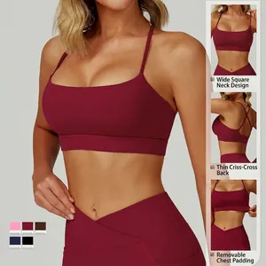 Cross back yoga sports bra with square neckline and removable pads in burgundy finish