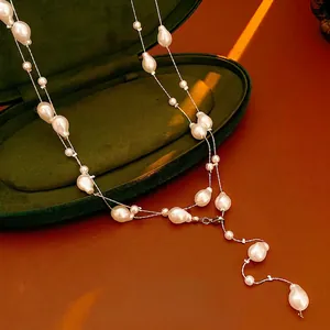 French vintage baroque pearl necklace with long Y-shaped irregular pendant styling