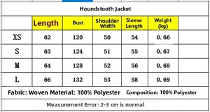 Detailed size chart for houndstooth bomber jacket with accurate polyester fabric measurements