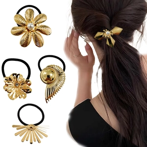 Gold Metal Floral Bow Hair Ties Vintage Faux Artificial Pearl Elastic Hair Ropes Fashion Geometric Accessories For Women