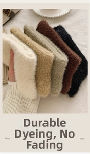 Close-up of thick mink velvet socks in five neutral colors featuring reactive dyeing