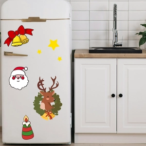 Christmas wall stickers set featuring Santa and reindeer on a white refrigerator surface