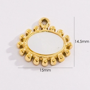 Detailed view of 15mm oval shell pendant in 14K gold plated titanium with dimensions