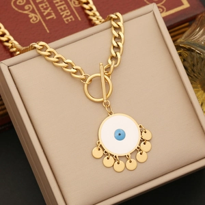 Golden stainless steel Cuban chain necklace with white enamel evil eye pendant and tassels