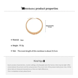 Detailed spec sheet for a 15.5cm wide gold textured iron collar necklace weighing 95.5g