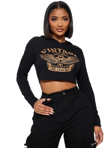 Women's black cropped hoodie with vintage graphic print and long sleeves on white background