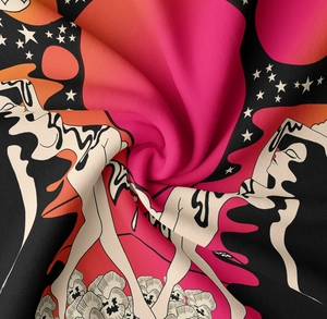 Detailed close-up showing the vibrant print fabric texture and colorful rainbow patterns