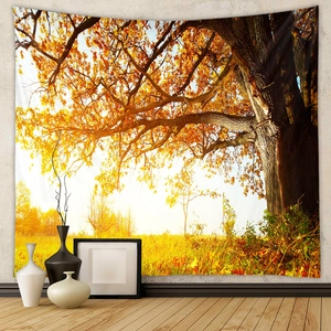Detail view of high-quality autumn forest tapestry with golden trees in cozy interior