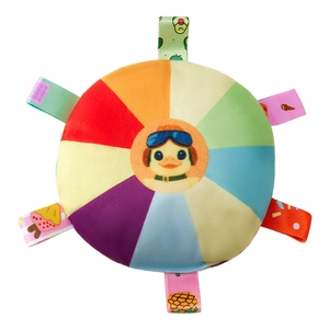 Colorful plush rainbow baby rattle ball with soft fabric tags and cute duck pattern
