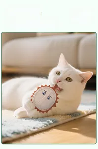 White cat playing with a durian-shaped plush chew toy featuring built-in bell on home carpet