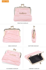 Multiple views of light pink crocodile texture coin purse with metal clasp closure