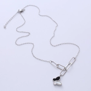 Silver butterfly pendant necklace with black and white drip glaze on steel chain