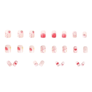 Cute pink strawberry and floral cartoon press-on nails 24pcs short square set