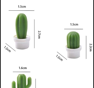 Detailed dimension guide for 3D cactus fridge magnets showing miniature height and width