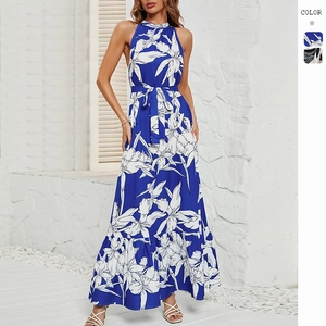 Robe Maxi Licou Imprimé Floral Feuilles Dos Nu Ceinture Volants Sans Manches Vacances Plage Sexy Robe Longue Femmes