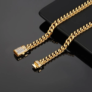 Gold-plated Cuban link chain for men with a diamond-encrusted ear buckle clasp