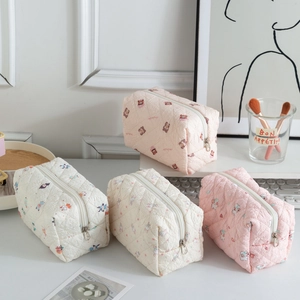 Quilted Makeup Bag Polyester Large Capacity Cute Cartoon Print Travel Cosmetic Organizer Pouch Zipper Closure For Women