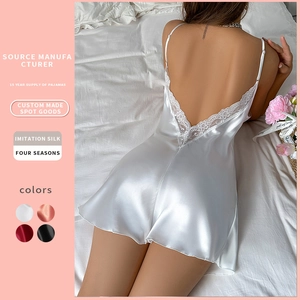Sexy Damen Satin Nachthemd Imitation Satin Schlafkleid Spitze Rückenfrei Spaghettiträger V Ausschnitt Mini Homewear