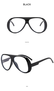 Front and side views of black oversized cycling sunglasses with a wrap-around frame design