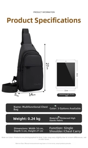 Detailed dimensions of the black cross-body chest bag with multi-zipper storage compartments