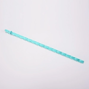 Close-up of a light blue spiral Tritan reusable straw with textured surface on white background